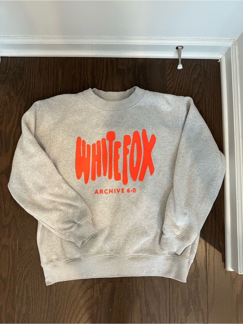 White Fox Boutique Light Gray Crewneck with Bright Orange Logo